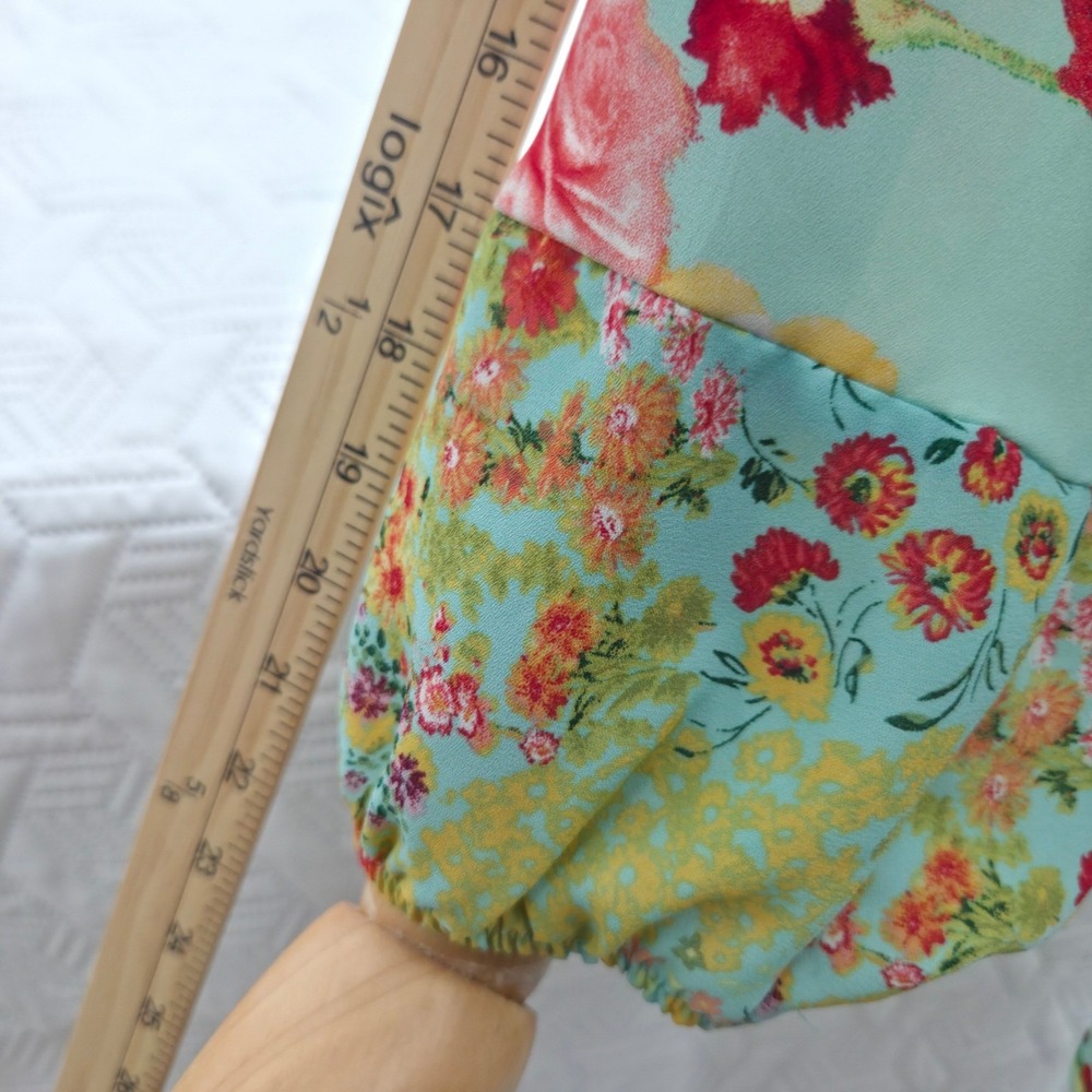 Valerie Stevens Blouse Floral Boho WomenXL Mint Green Mixed Print Balloon Sleeve - Picture 7 of 8